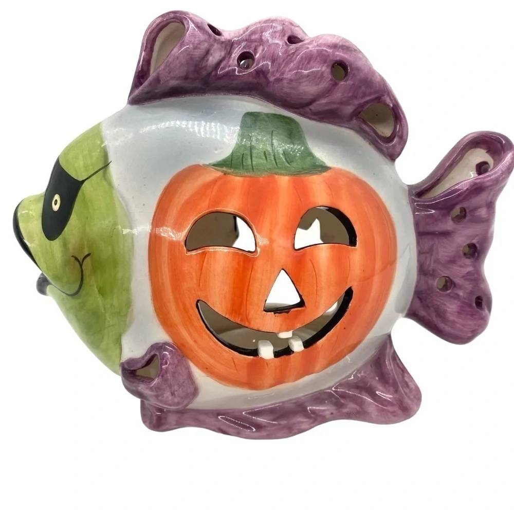 Halloween Ceramic Fish Candle Tea Light Luminary Pumpkin AppleTree Designs